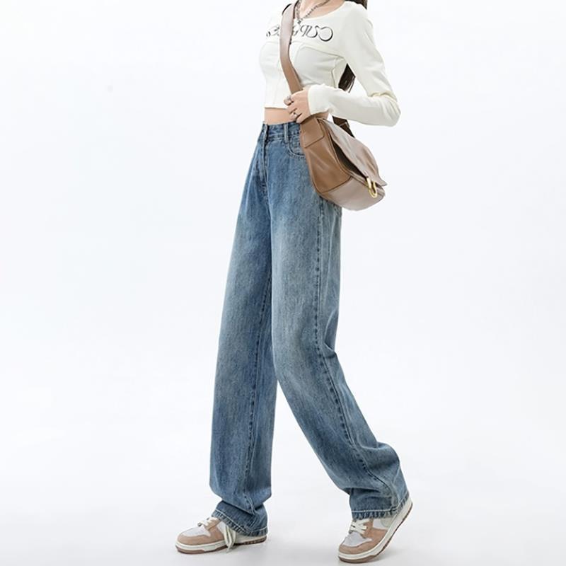 High Waist Wide Leg Denim Jeans for Women Spring Autumn Retro Blue