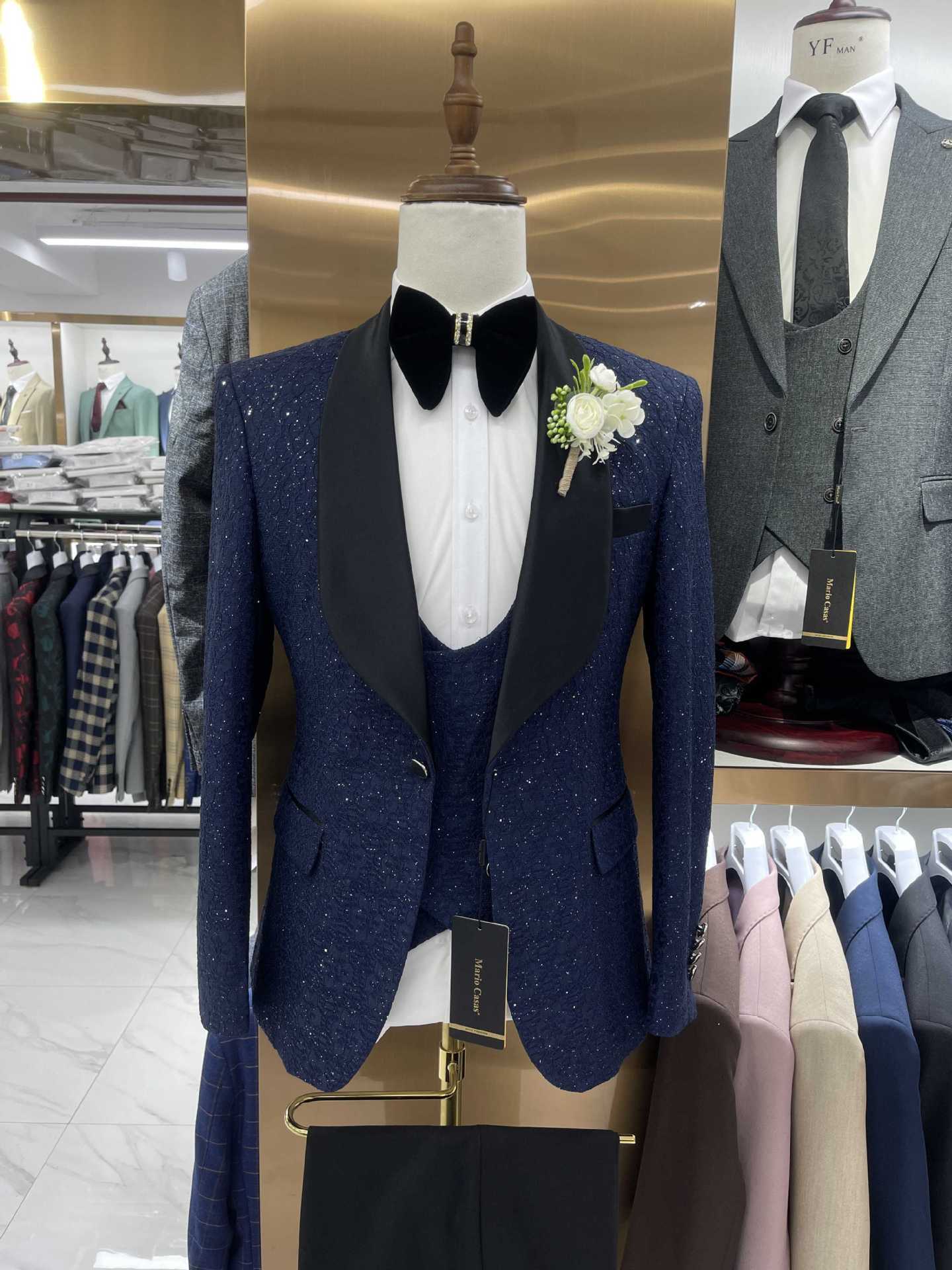 Shiny Black Men's 3-Piece Suit Set Slim Fit Wedding Groomsmen