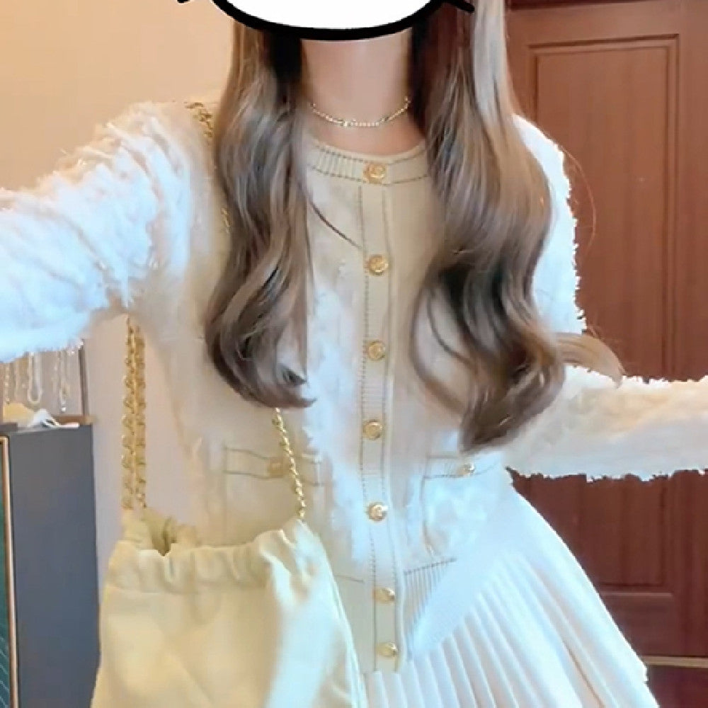 Ensemble jupe et veste blanche pour femme - Style coréen, col rond, manches longues