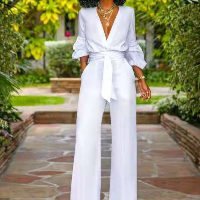 White V-Neck Long Sleeve Lace-Up Jumpsuit for Women