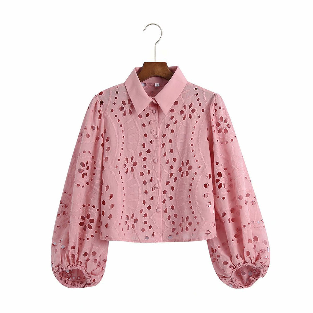 Women's Long-Sleeve Hollow Embroidered Cotton Shirt in Blue & Pink