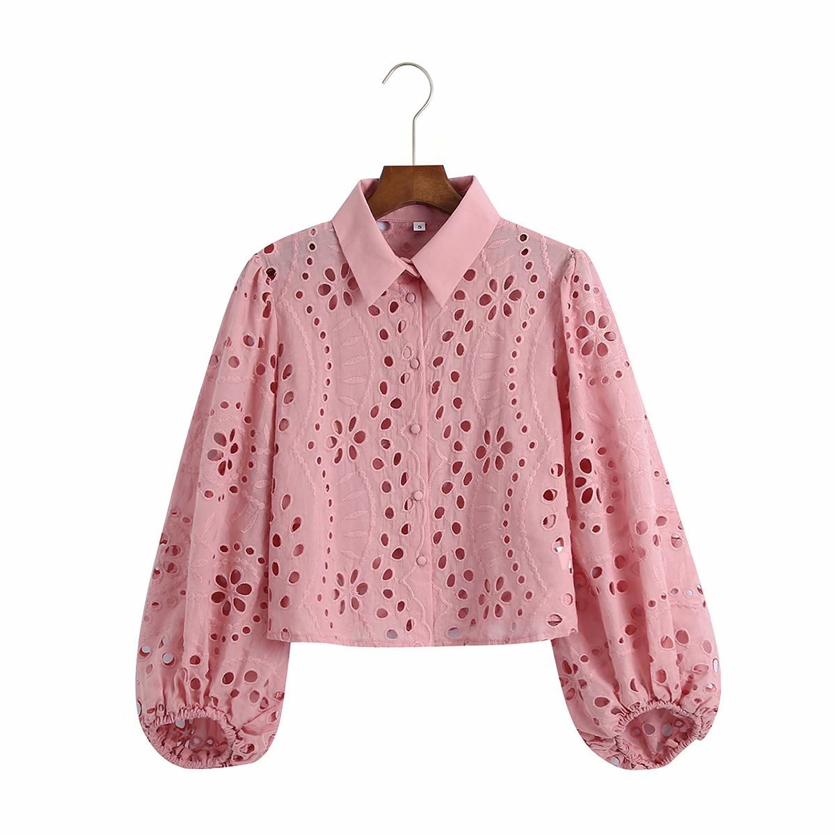 Women's Long-Sleeve Hollow Embroidered Cotton Shirt in Blue & Pink