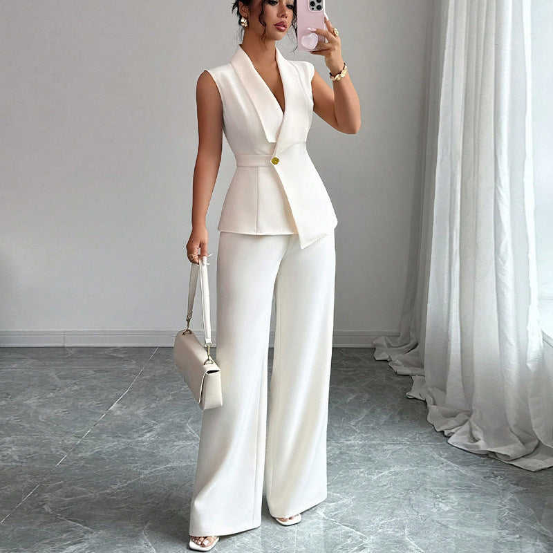 Solid Color Vest and Straight-Leg Trousers Suit for Women