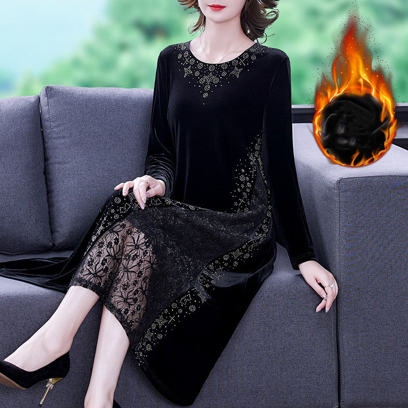 Autumn And Winter Plus Velvet Padded Lace Long-sleeved Dress