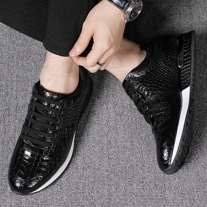 Baskets Rétro Noires Homme en Cuir de Crocodile Lacets Semelle Caoutchouc