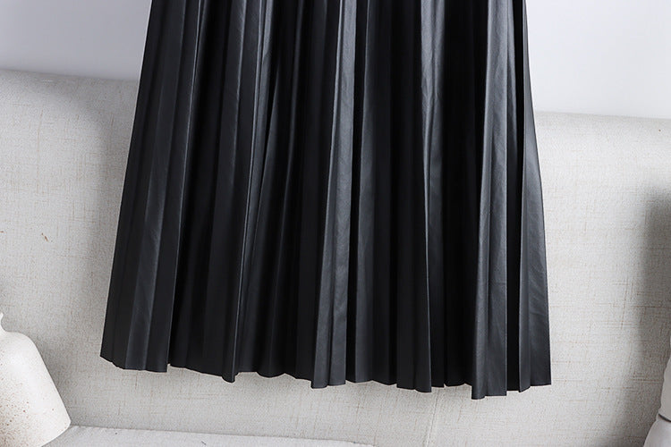 High Waist Mid-Length PU Leather Pleated Skirt for Women Solid Color