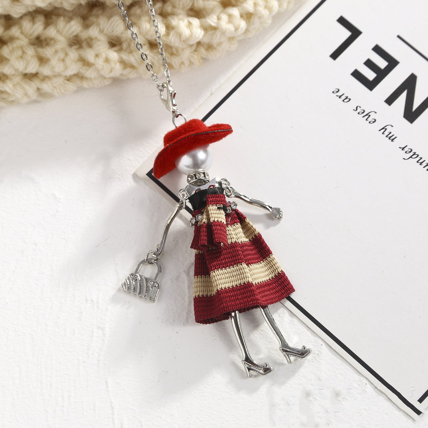 Hat Doll Necklace Rhinestone Sweater Chain