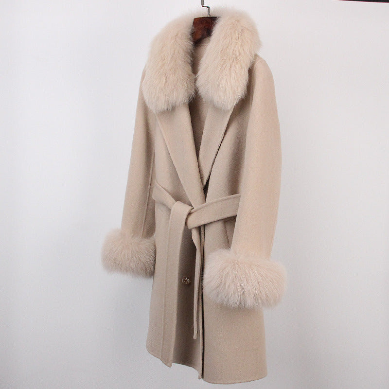 Double-Faced Wool Overcoat Long Slim Fit with Fox Fur Collar