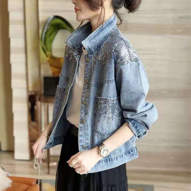 Women's Oversized Loose Denim Coat with Sequins