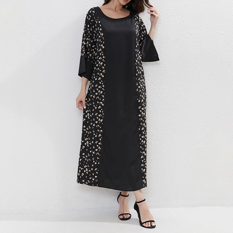 Robe Femme Grande Taille Noire Imprimée à Ceinture en Polyester