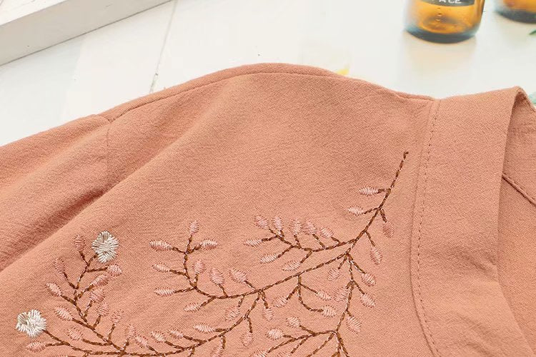 Women's Loose Long-Sleeve Cotton Embroidered Stand-Collar Shirt