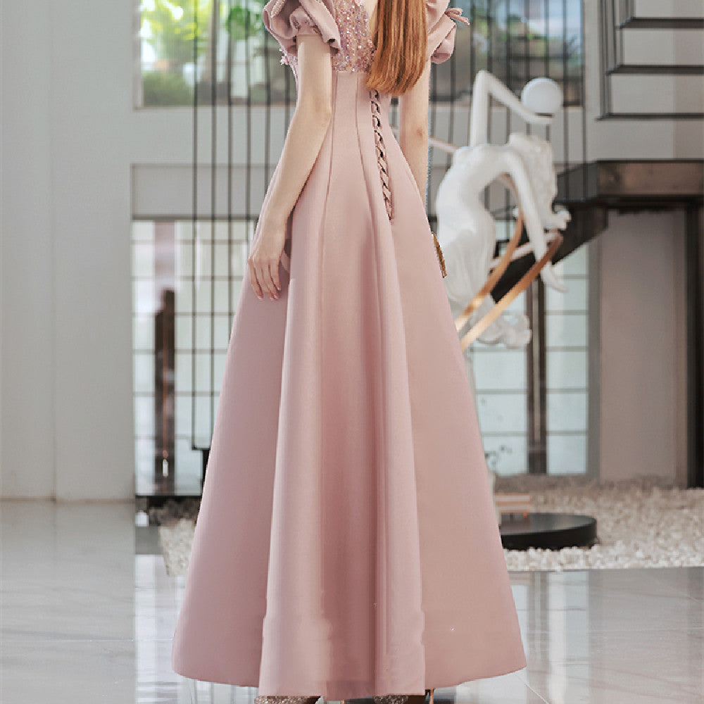 Robe rose taille haute à manches bulles pour femme