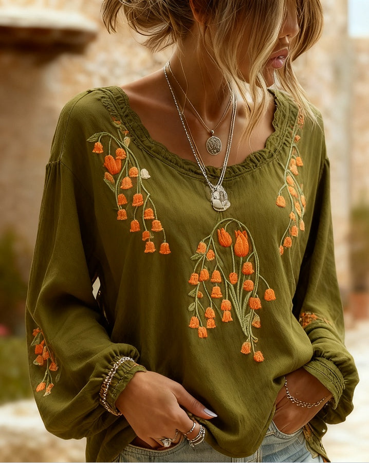 Women's Bohemian Style V-Neck Long Sleeve Shirt - Loose Printed Top