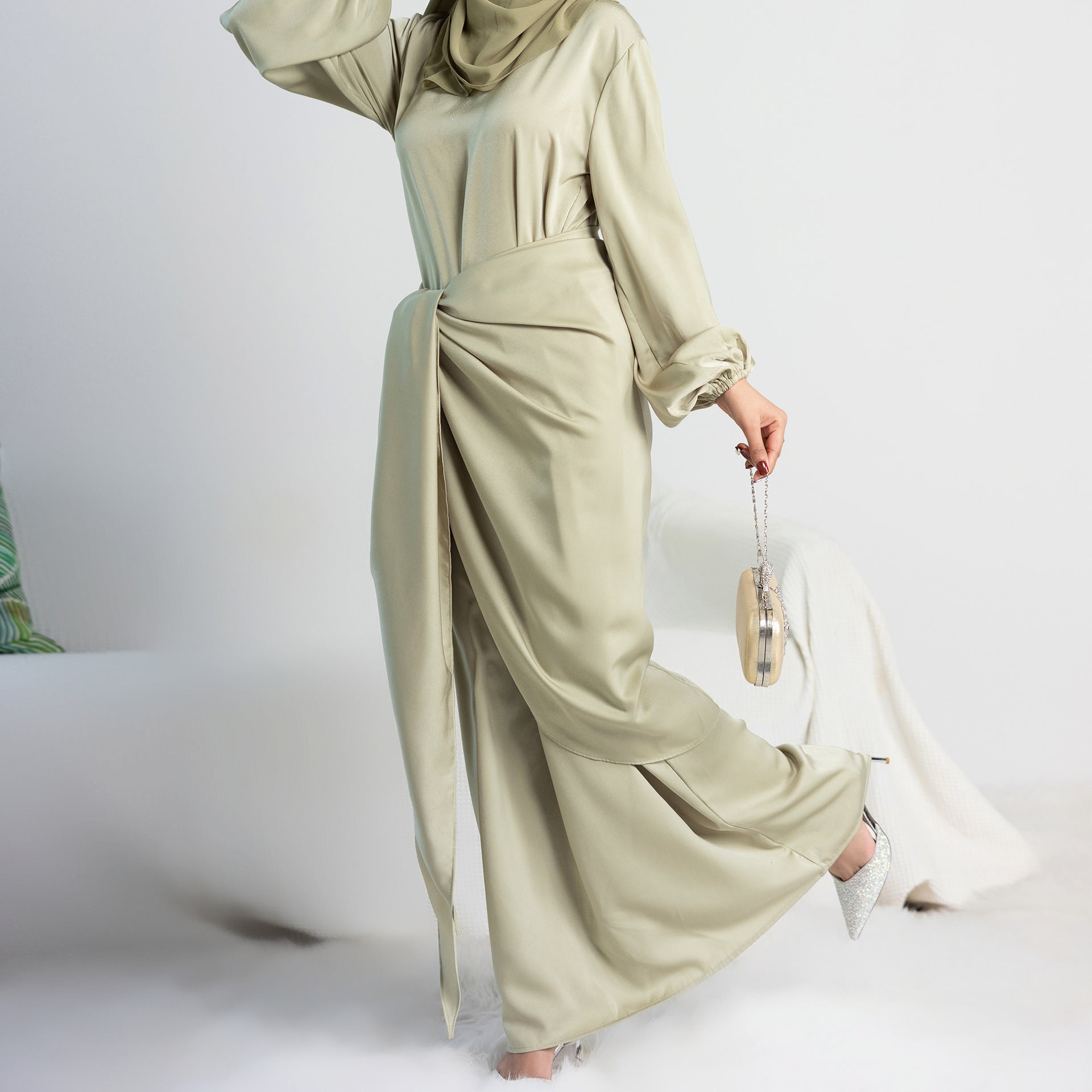 Soft Two-Piece Robe Dress with Round Neck