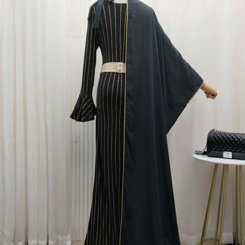 Queen Style Split Two-piece Suit Striped Robe Dress Pearl Embroidery Talma Cloak for Muslim Women