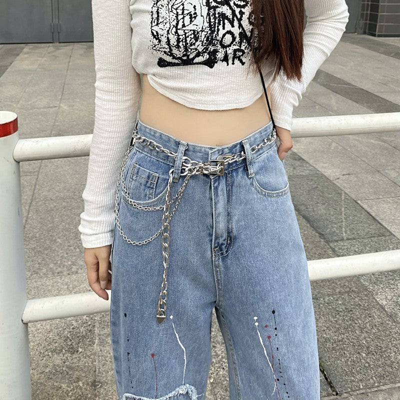 Brushed Heart Patch High Waist Straight Jeans
