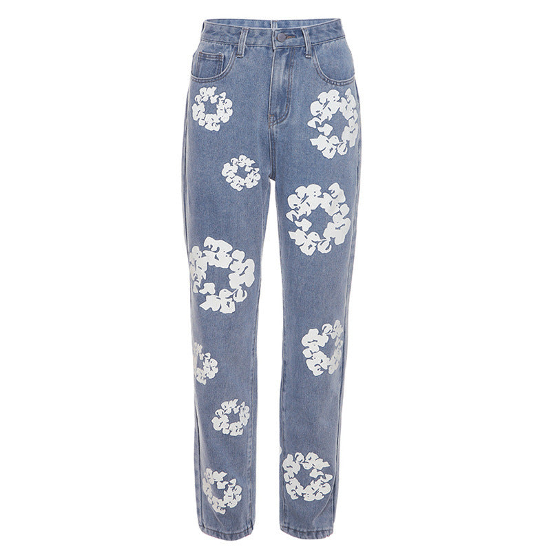 High Waist Blue Printed Straight Jeans for Women
