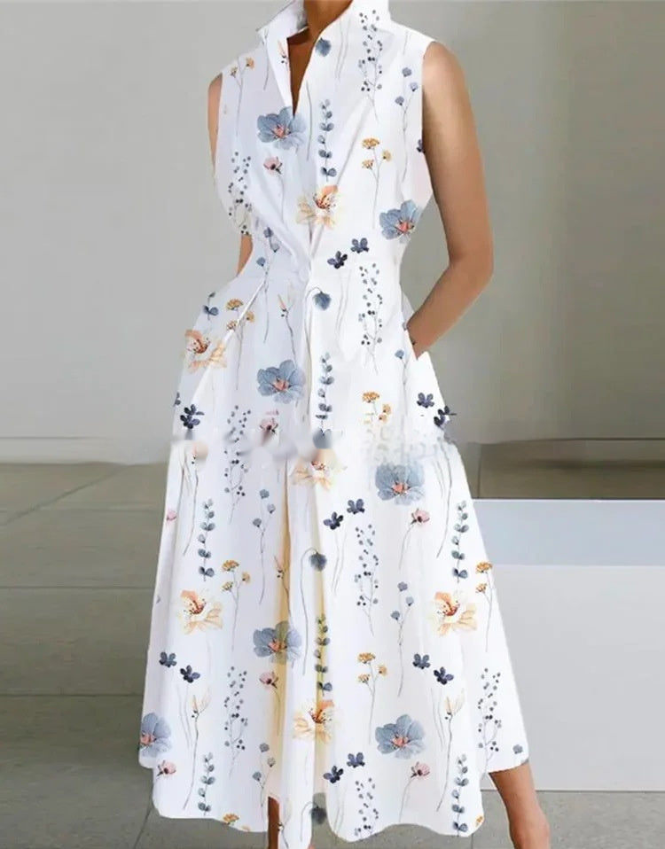 Robe mi-longue en coton à col montant, taille cintrée et imprimé poche
