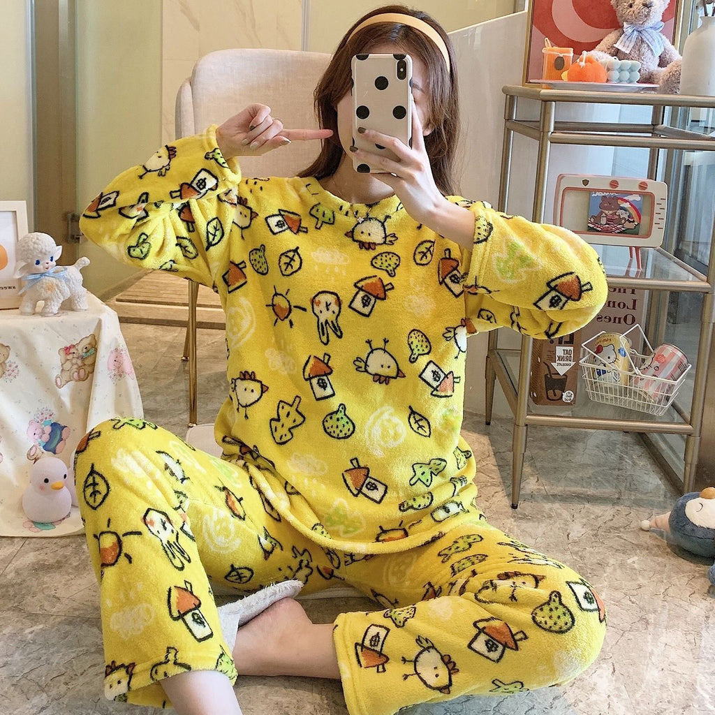 Cute Autumn Winter Flannel Homewear Suit for Women S-2XL