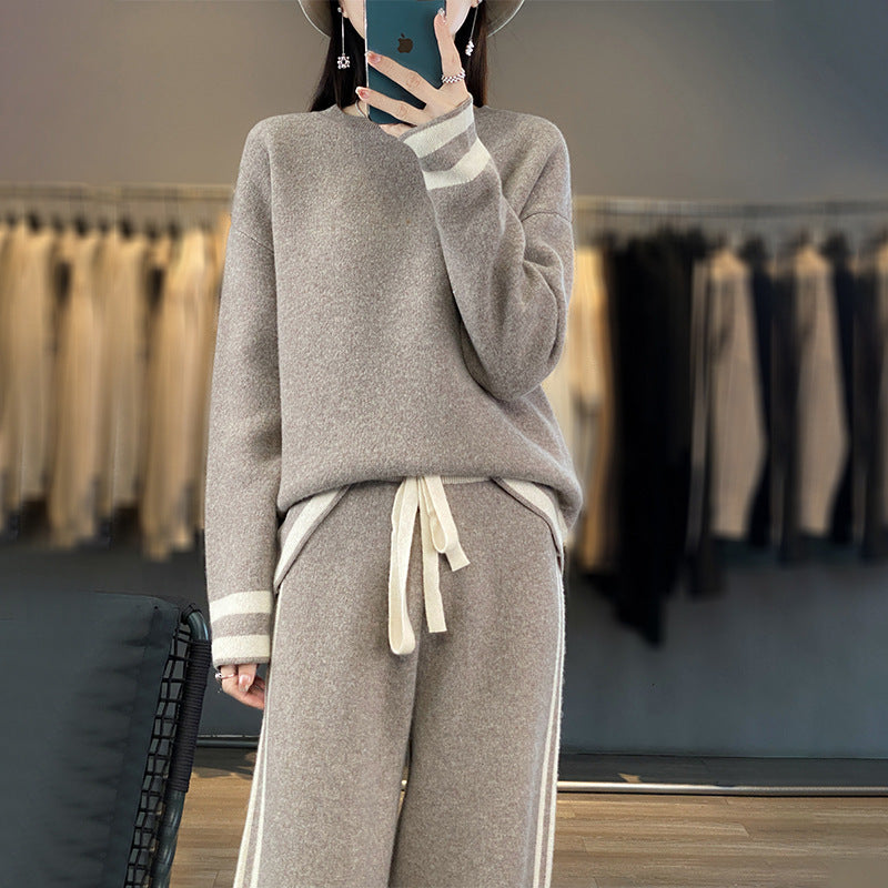 Wool Knit Sweater & Wide Leg Pants Set Casual Lounge Suit