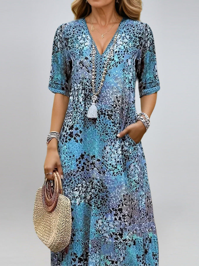 Robe d'été à col en V et demi-manches avec imprimé ethnique et poches pour femme