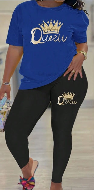 Ensemble T-shirt Manches Courtes Imprimé Couronne et Lettres et Legging - Tenue 2 Pièces en Polyester