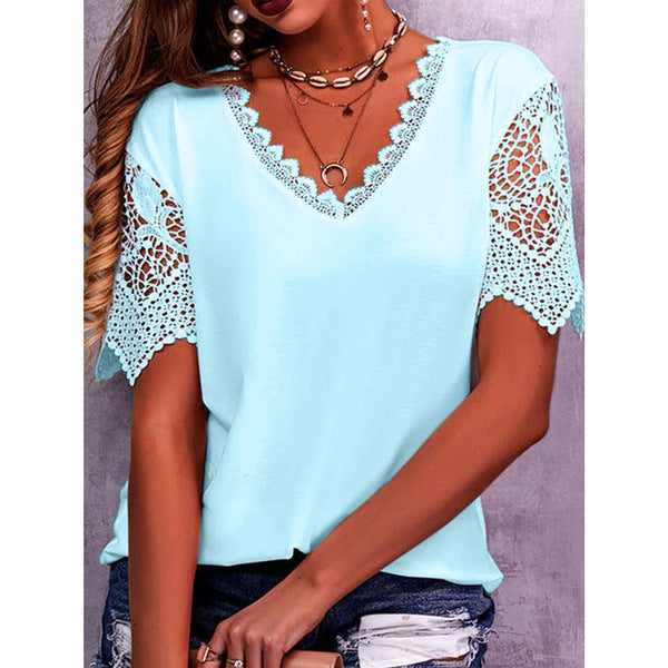 Women’s Summer Lace V Neck Loose Short Sleeve Casual Tops