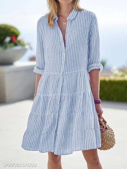 Striped Long-Sleeve Lapel Button Shirt Dress for Women