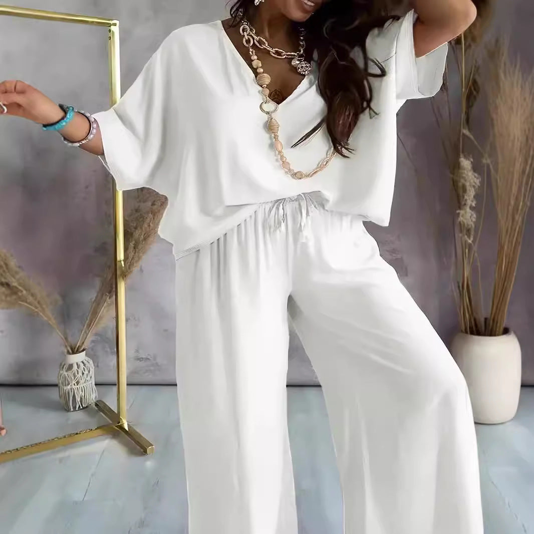 Ensemble pantalon ample à jambes larges et col en V et manches chauve-souris pour femme