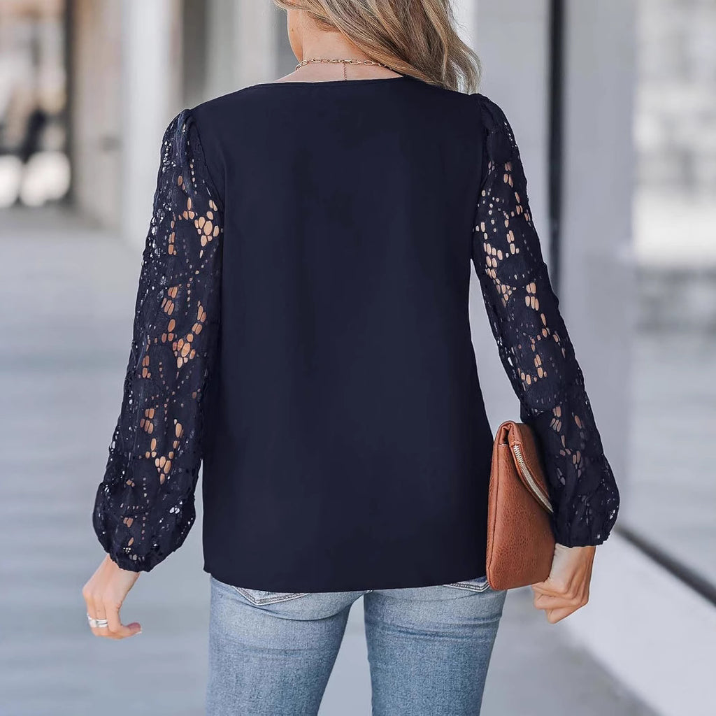 Womens V-Neck Floral Lace Long-Sleeve Shirt with Wave Pattern