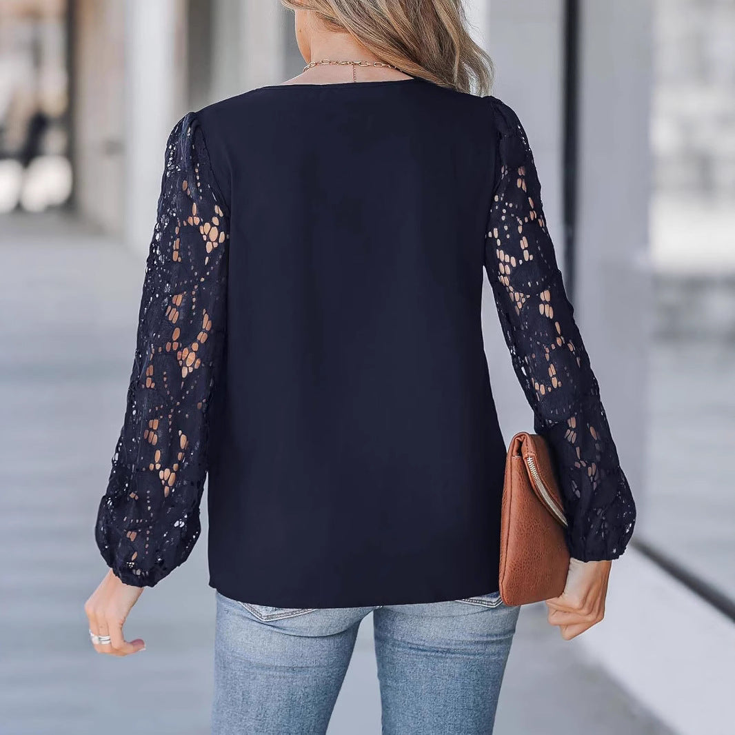 Womens V-Neck Floral Lace Long-Sleeve Shirt with Wave Pattern