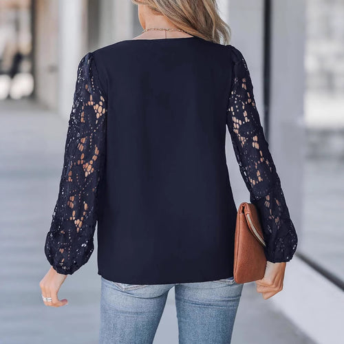 Womens V-Neck Floral Lace Long-Sleeve Shirt with Wave Pattern