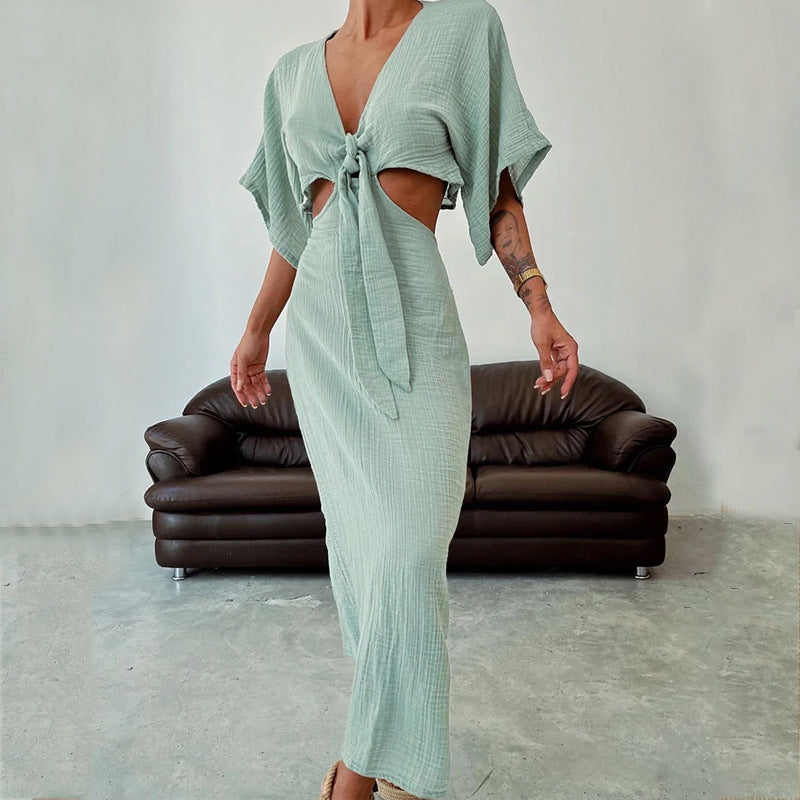 Women's Summer Slim Fit V-Neck Midriff Dress with Hollow Out Design