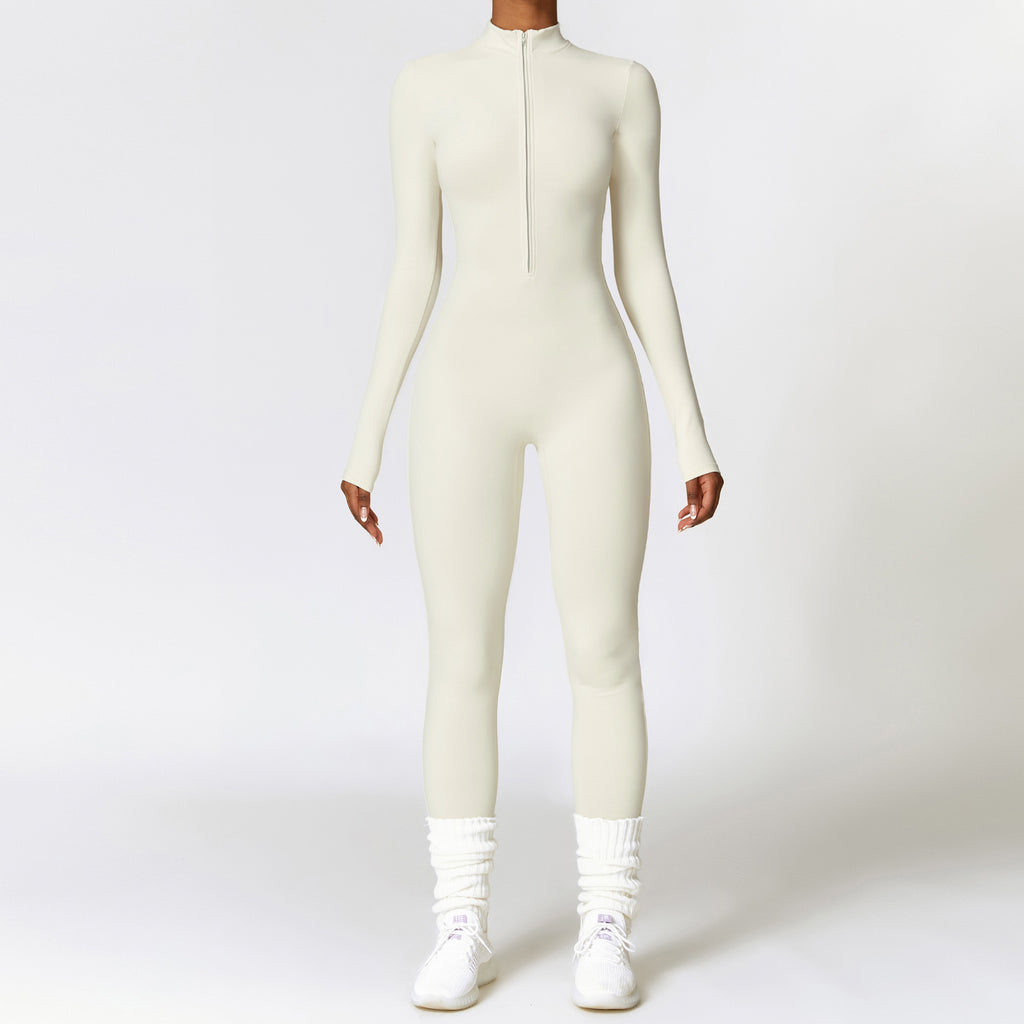 Combinaison de sport moulante à manches longues zippée et chaude pour femme