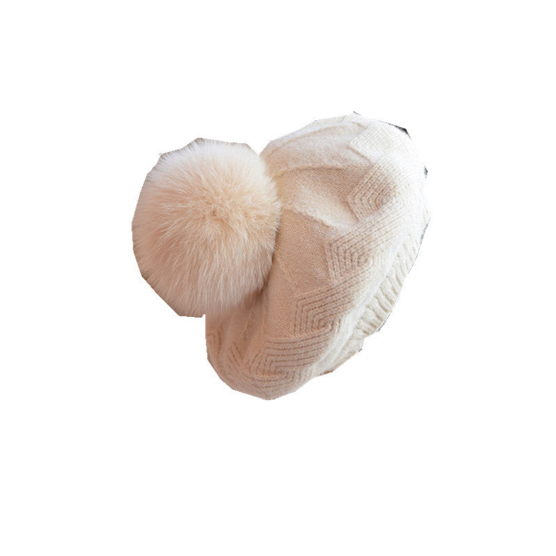 Bonnet en laine tricotée pour femme avec pompon en fourrure de renard, automne-hiver, taille M (56-58 cm)