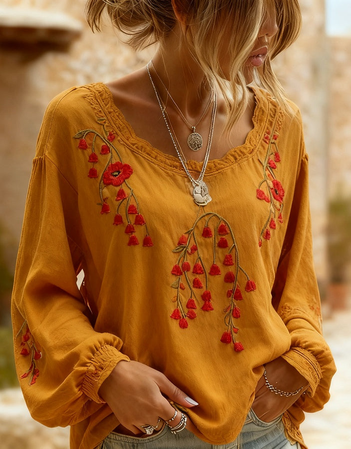 Women's Bohemian Style V-Neck Long Sleeve Shirt - Loose Printed Top