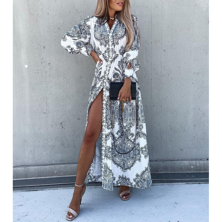 Casual Geometric Print Slit Long Dress