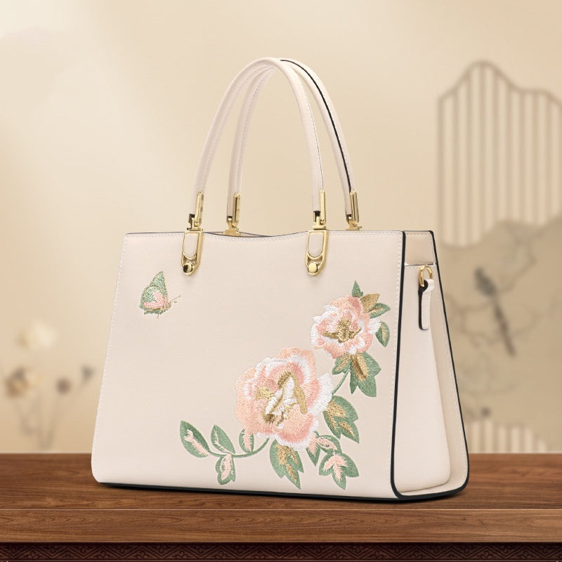 Butterfly Embroidered Large Capacity Leather Diana Bag