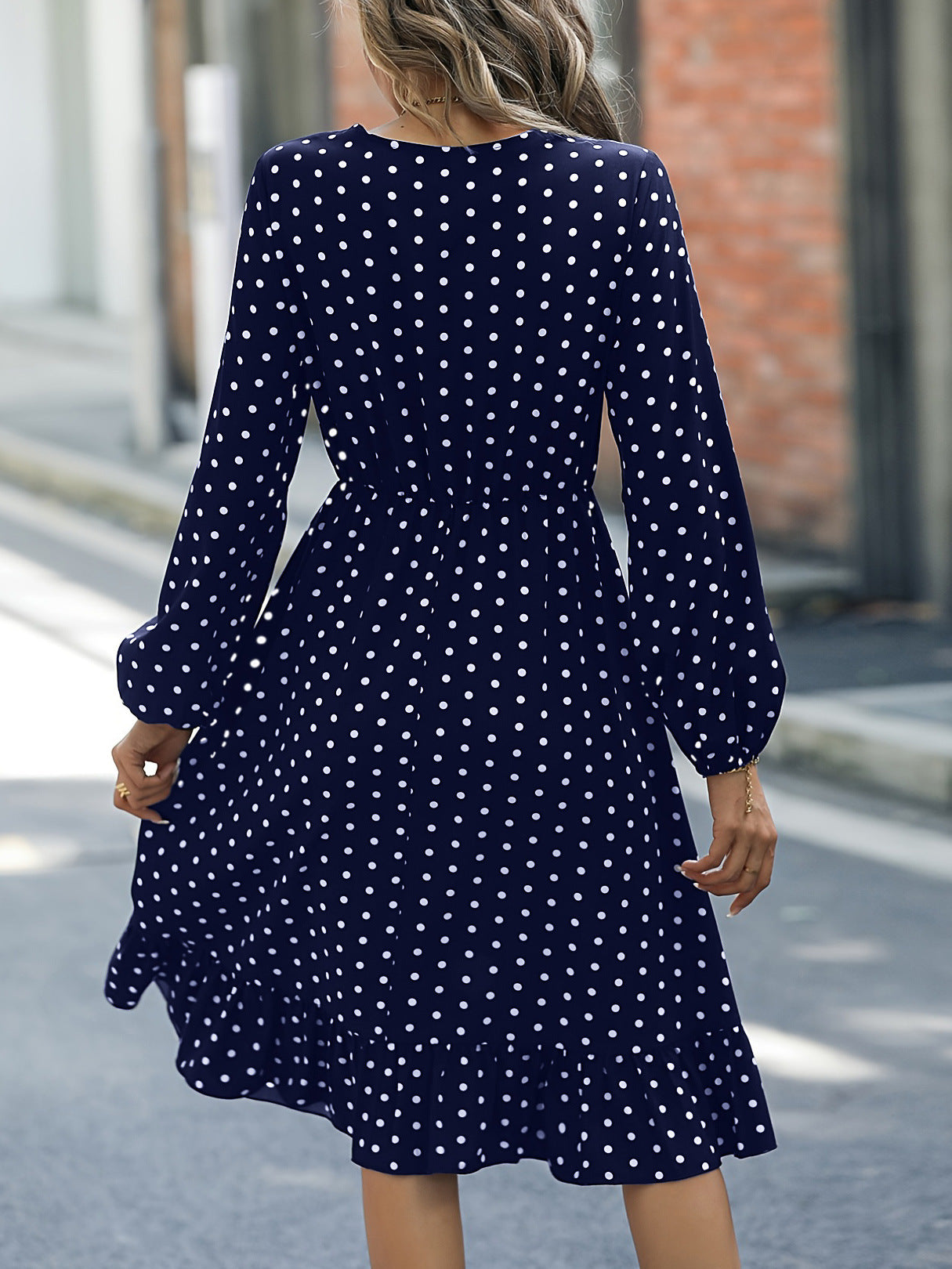 European & American Waist Slimming Polka Dot Long Sleeve Dress