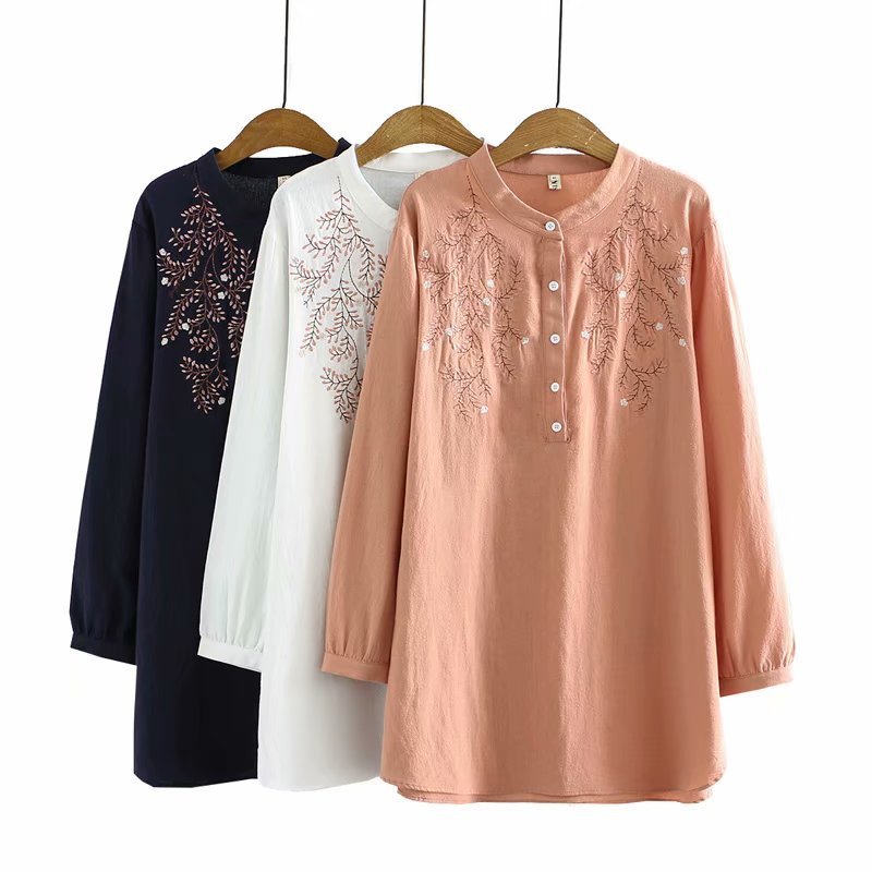 Women's Loose Long-Sleeve Cotton Embroidered Stand-Collar Shirt