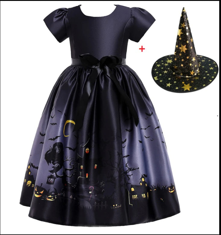 Halloween Princess Dress with Printed Mesh and Hat, Sizes 120-160cm