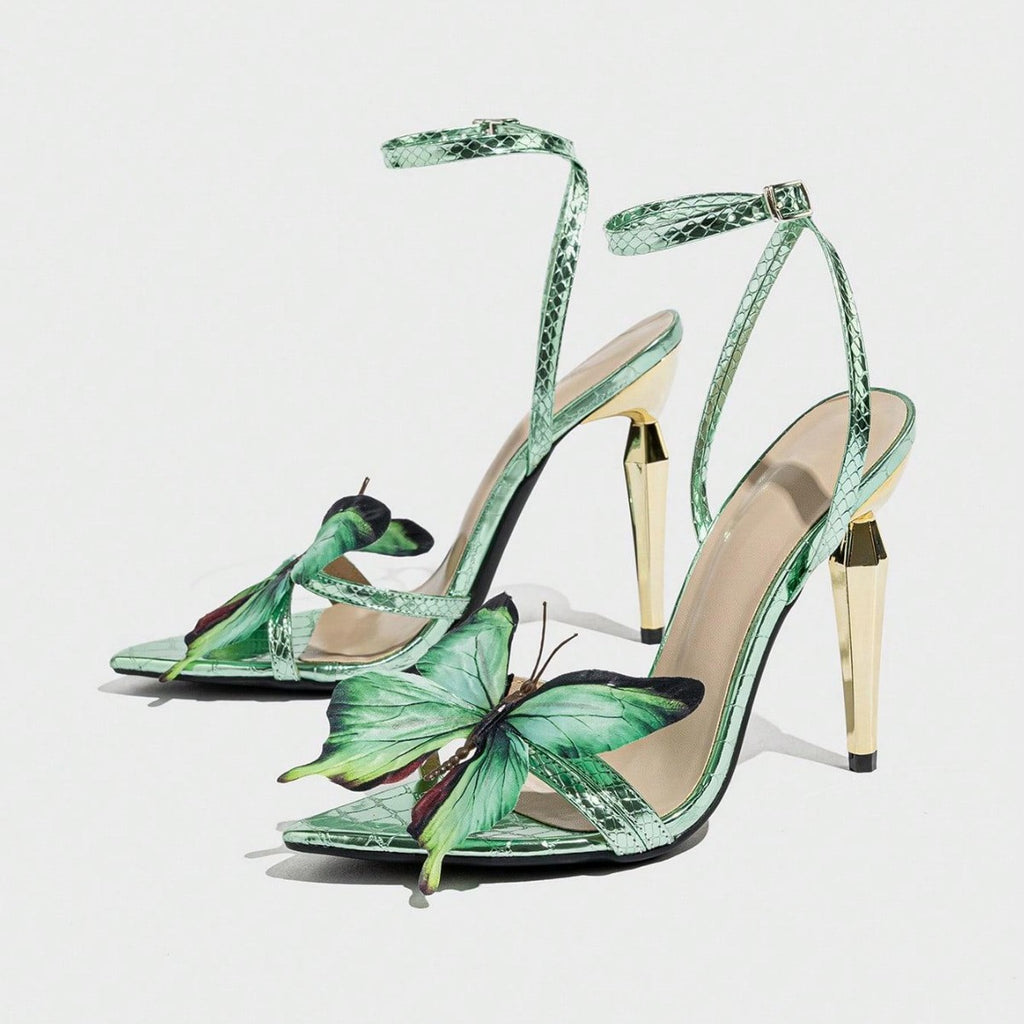 Women's Green Butterfly Stiletto Heel Sandals, Size 35-43