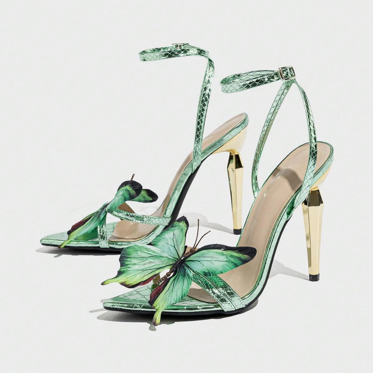 Women's Green Butterfly Stiletto Heel Sandals, Size 35-43