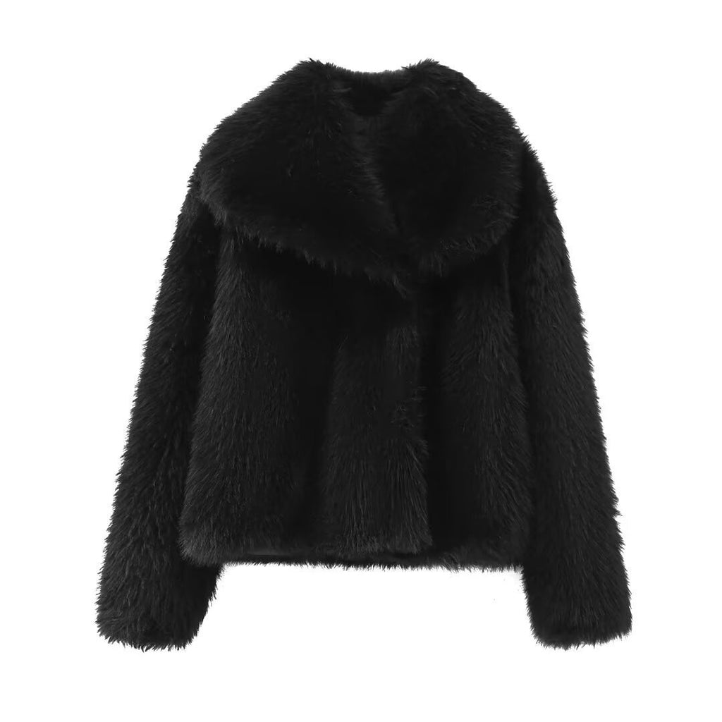 Polo Collar Faux Fur Short Coat in Black & Silver Gray, XS-L