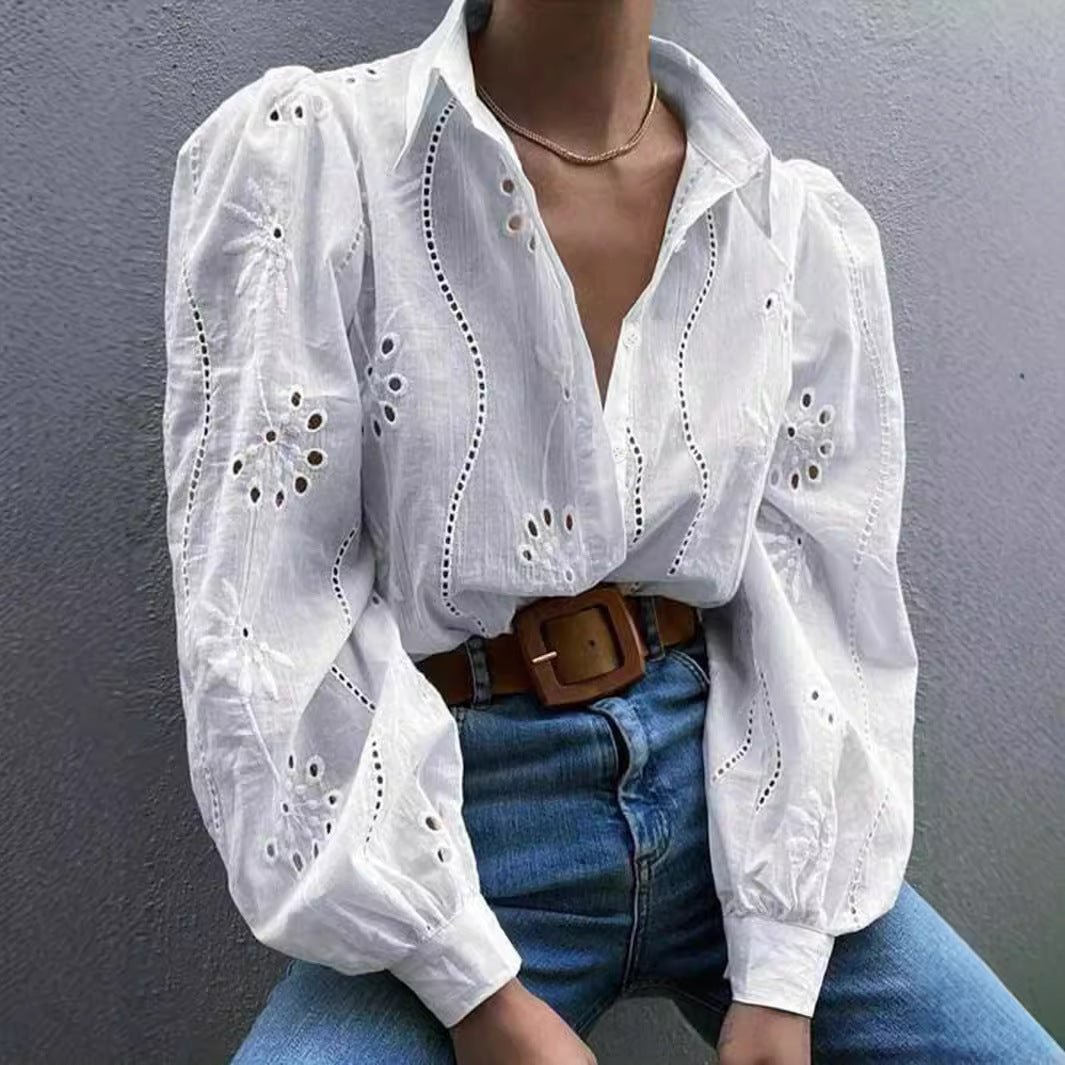 Women's Single-breasted Embroidered Long-sleeved Lapel Shirt