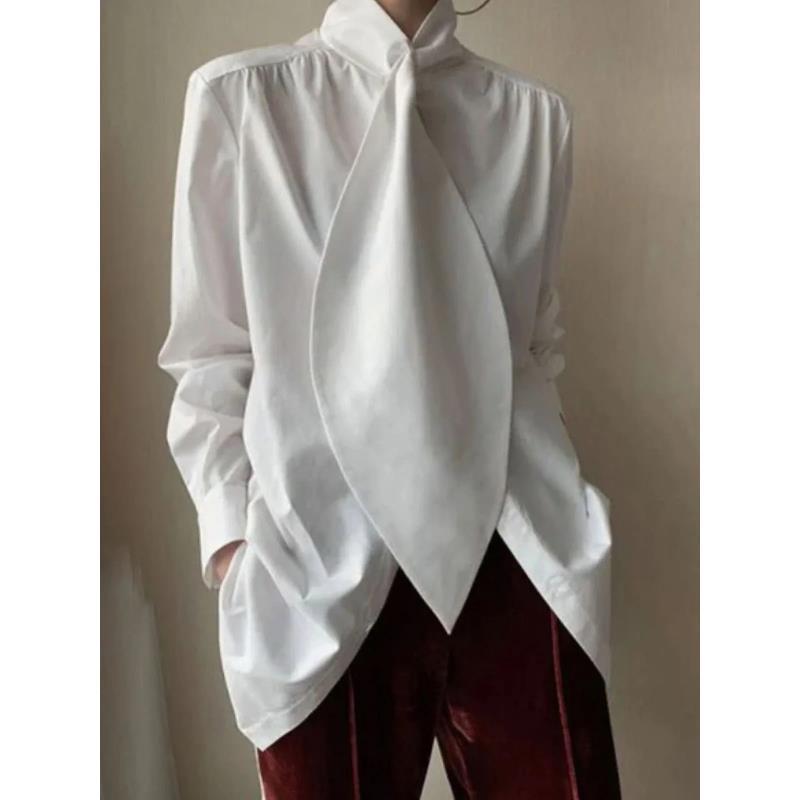 Haut chemise ample à revers et manches longues pour femmes, disponible en blanc, noir et bleu