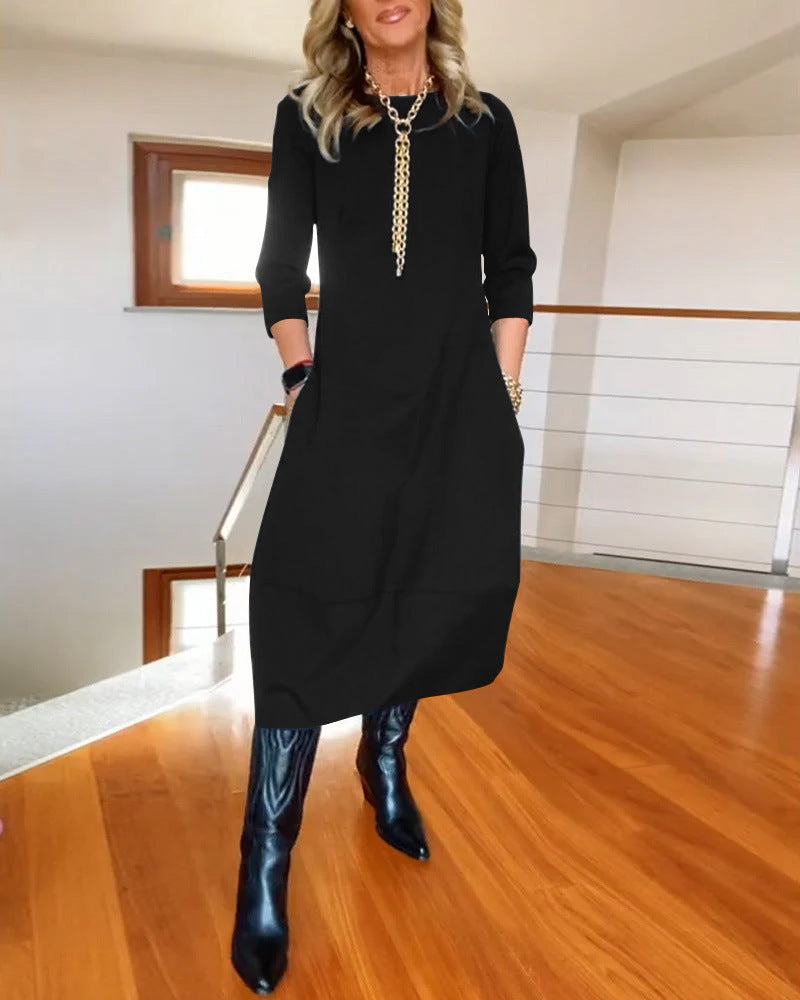 Robe unie ample à col rond et manches longues pour femme – Collection automne-hiver