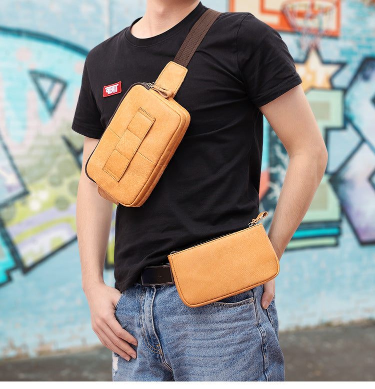 Sac banane homme en cuir 22x15x3cm Sacoche ceinture décontractée fonctionnelle Pochette de poitrine Marron