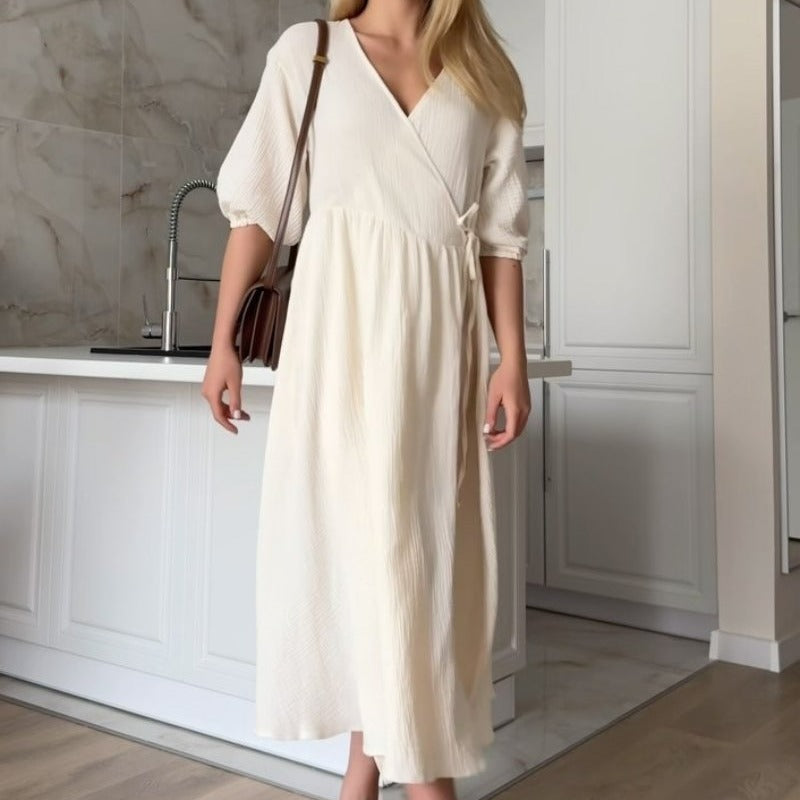 Sweet Atmosphere Solid Color Cotton Dress with Puff Sleeves