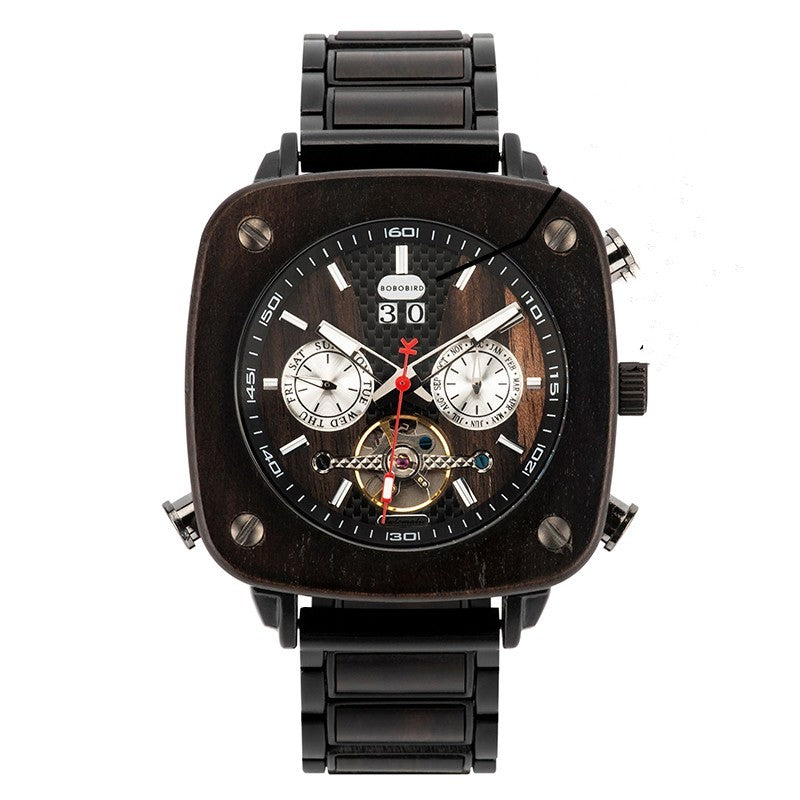 Wooden Mechanical Square Watch Black Technology Vintage Style
